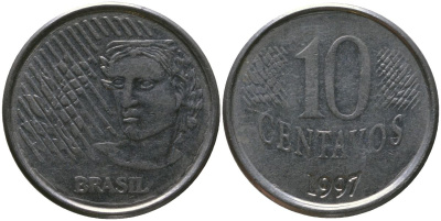 Бразилия 10 сентаво 1997 KM 633, Schon 142 нержавеющая сталь 4519-955