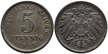 ГЕРМАНИЯ 5 ПФЕННИГОВ 1917 E KM 19, Jager 297, Weege 5 железо 4547-564