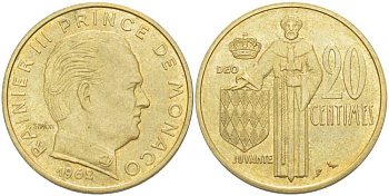Монако 20 сантимов 1962 Ренье III (1949-2005) KM 143 алюминиевая бронза 4513-917