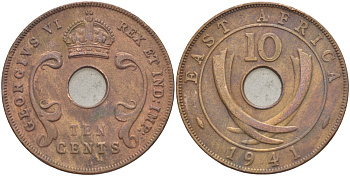 Британская Восточная Африка 10 центов 1941 Георг VI (1936-1952) KM 26.1 бронза 3333-1144