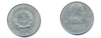 ГДР 20 марок 1972 А, Фридрих Шиллер (1759-1805) KM 40 медно-никель 3333-811