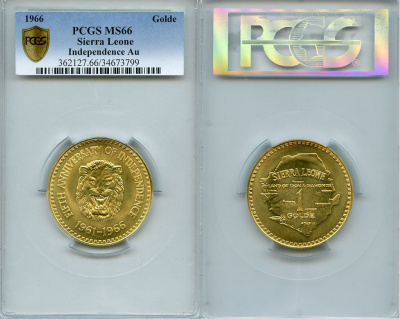 Сьерра-Леоне 1 гольде 1966 (1961-1966) пятая годовщина независимости, лев, в слабе PCGS MS 66 KM 24 золото  UNC  10-001-02