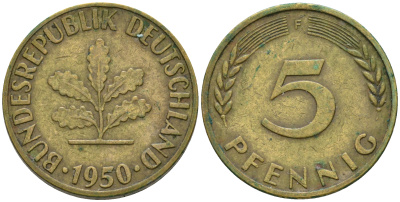 ФРГ 5 пфеннигов 1950 F KM 107, J.382 сталь плакированная латунью 4364-1612