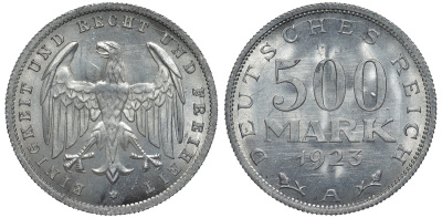 Германия 500 марок 1923 А KM 36, J.305 алюминий UNC 4587-543