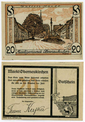 Австрия, Обернойкирхен 20 геллеров 1920 нотгельд, ярмарочная коммуна, земля Верхняя Австрия   бумага  UNC (пресс) 7221-36-1-2