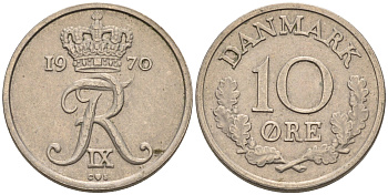 ДАНИЯ 10 ЭРЕ 1970 C; S, ФРЕДЕРИК IX (1947-1972) KM 849.1 медно-никель 4564-1228