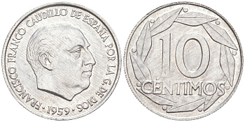 Испания 10 сентимо 1959 Франсиско Франко (1939-1975) KM 790 алюминий 3309-1065