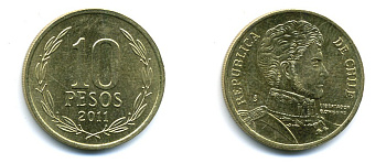 ЧИЛИ 10 ПЕСО 2011 ГЕНЕРАЛ БЕРНАРДО О ХИГГИНС KM 228.2 никель-бронза 37-1143