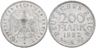 ГЕРМАНИЯ 200 МАРОК 1923 А KM 35, J. 304, Weege 22 алюминий 4551-1226