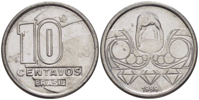 Бразилия 10 сентаво 1989 золотодобыча KM 613 нержавеющая сталь 116-1238
