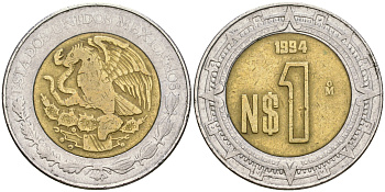 Мексика 1 песо 1994 KM 550 биметалл 4364-452