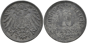 ГЕРМАНИЯ 10 ПФЕННИГОВ 1922 KM 26, J. 299 цинк 4591-635