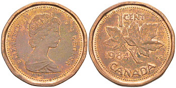 КАНАДА 1 ЦЕНТ 1984 КЛЕНОВЫЙ ЛИСТ, ЕЛИЗАВЕТА II (1953-) KM 132 бронза 4181-1269