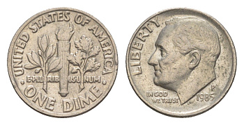 США 1 дайм (10 центов) 1985 P, президент Рузвельт KM 195a медь плакированная медно-никелем 4649-1249