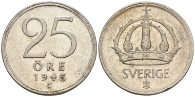 Швеция 25 эре 1945 G, Густав V (1907-1950) KM 816 серебро 4147-964