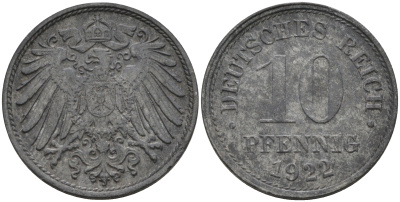 ГЕРМАНИЯ 10 ПФЕННИГОВ 1922 KM 26, J. 299 цинк 4591-635