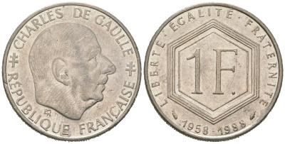 Франция 1 франк 1988 Шарль де Голль, 30 лет Пятой Республике KM 963, Le Franc 227.2 никель 4582-143