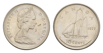 Канада 10 центов 1977 Елизавета II (1952-2022), парусник KM 77 никель 4639-636