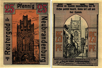 НОЙБРАНДЕНБУРГ 25 ПФЕННИГОВ 1922 НОТГЕЛЬД, 1922 - 31 МАЯ 1922, ЗЕМЛЯ МЕКЛЕНБУРГ-ПЕРЕДНЯЯ ПОМЕРАНИЯ Grabowski 935.1 бумага 6318-48-3-3