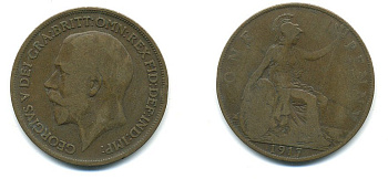 Великобритания 1 пенни 1917 Георг V (1910-1936) КМ 810, Spink 4051 бронза 4110-136