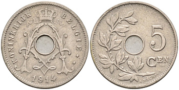 Бельгия 5 сантимов 1914 Belgie KM 67 медно-никель 4393-1232
