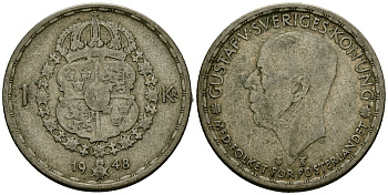 Швеция 1 крона 1948 TS, Густав V (1907-1950) KM 814 серебро 4177-952