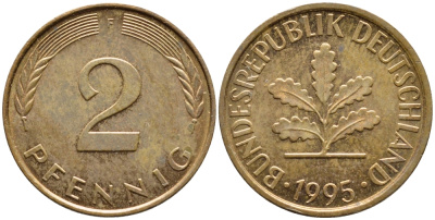 ФРГ 2 ПФЕННИГА 1995 F KM 106a, J.381a сталь плакированная сталь плакированная медьюю 4392-1037