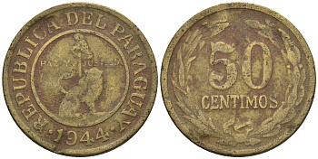 Парагвай 50 сентимо 1944 лев, фригийский колпак на шесте KM 24 алюминиевая бронза    4177-834