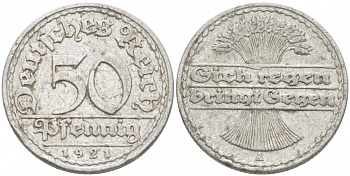 Германия 50 пфеннигов 1921 A KM 27, J.301, Weege 10 алюминий 77-953