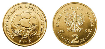Польша 2 злотых 2006 MW, чемпионат мира по футболу, Германия 2006, FIFA KM 606, Parchimowicz 992 латунь UNC 603-1225