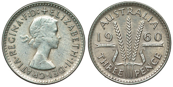 Австралия 3 пенса 1960 m, Елизавета II (1952-2022) KM 57 серебро 71-628