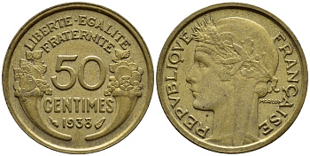 ФРАНЦИЯ 50 САНТИМОВ 1938 KM 894.1 алюминиевая бронза 26-528