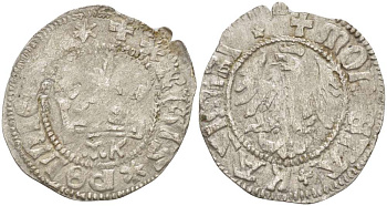 Польша 1/2 гроша (полугрош) 1445-1492 Казимир IV династия Ягеллонов (1442-1495), вес 1,38 гр., под короной МК Gum. v451 серебро 1517-521