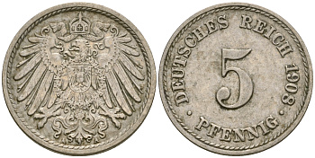 Германия 5 пфеннигов 1908 A KM 11, Jager 12, Weege 6 медно-никель 4364-4531