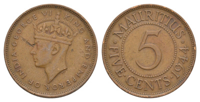 Маврикий 5 центов 1944 KM 20 бронза 4637-227