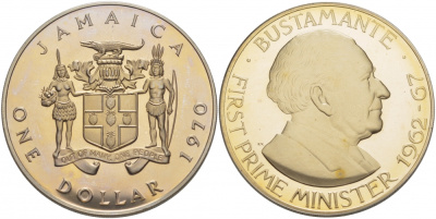 ЯМАЙКА 1 ДОЛЛАР 1970 P, ТИРАЖ 14000 ЭКЗ., ПЕРВЫЙ ПРЕМЬЕР-МИНИСТР БУСТАМАНТЕ 1962-67, ФРАНКЛИН МИНТ KM 50 медно-никель PROOF 01-168-15
