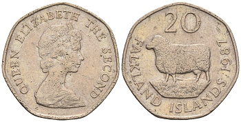 Фолклендские острова 20 пенсов 1987 Елизавета II (1952-2022), овца Ромни-марш KM 17 медно-никель 87-152