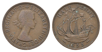 Великобритания 1/2 пенни 1955 Елизавета II (1952-2022) KM 896, Spink 4158 бронза 4662-1134