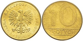 ПОЛЬША 10 ЗЛОТЫХ 1989 MW KM 152.2 латунь 4544-613