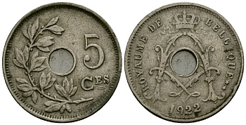Бельгия 5 сантимов 1922 Belgique KM 66 медно-никель 4173-465