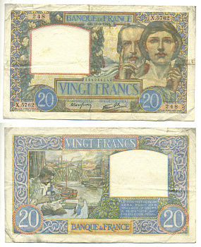 ФРАНЦИЯ 20 ФРАНКОВ 1941 18 СЕНТЯБРЯ 1941 Pick 92b бумага 3295-15-2