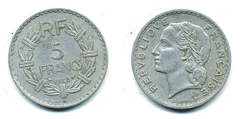 Франция 5 франков 1949 В, тип Лаврийе KM 888b.2, LE FRANC 339.19 алюминий 47-723