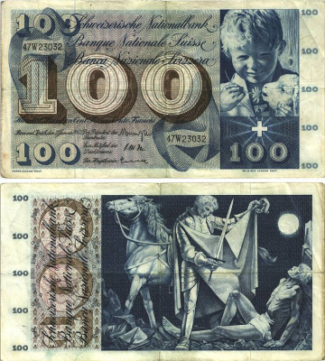 Швейцария 100 франков 1965 23 декабря 1965, серия 47 W, подпись 41 Pick 49 h бумага 8606-20-2-2