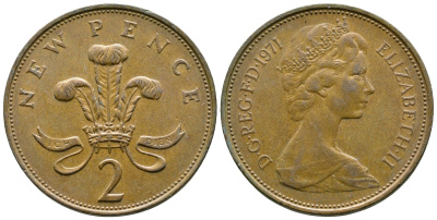 Великобритания 2 пенса 1971 Елизавета II (1952-2022) KM 916, Spink 4235 (C1) бронза 89-1535