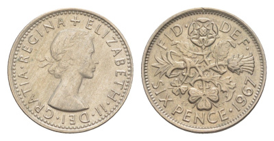 Великобритания 6 пенсов 1967 Елизавета II (1952-2022) KM 903, Spink 4149 медно-никель aUNC 4643-328