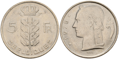 Бельгия 5 франков 1975 Belgique KM 134.1 медно-никель  UNC  4187-243