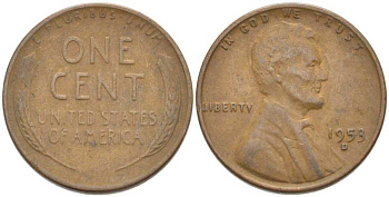 США 1 ЦЕНТ 1953 D, ЛИНКОЛЬН KM А132 медь цинк 218-631