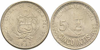 Перу 5 инти 1987 Мигель Грау KM 300 медно-никель UNC 181-934