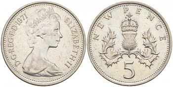 Великобритания 5 пенсов 1971 Елизавета II (1952-2022) KM 911, Spink 4233 (D1) медно-никель 68-131
