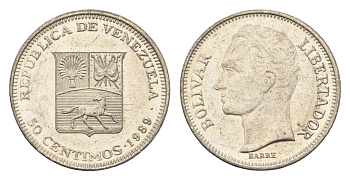 Венесуэла 50 сентимо 1989 Симон Боливар Y 41a сталь плакированная никелем 4664-225